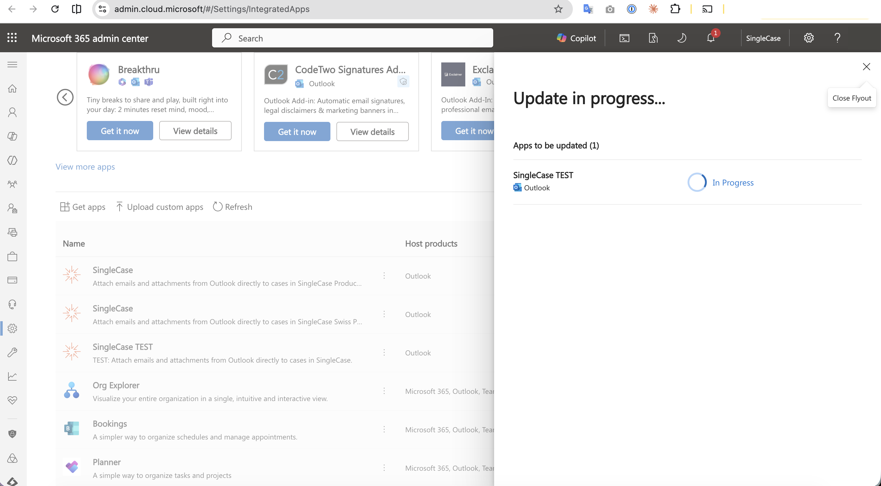 Update in progress screen showing the SingleCase add-in with In Progress status